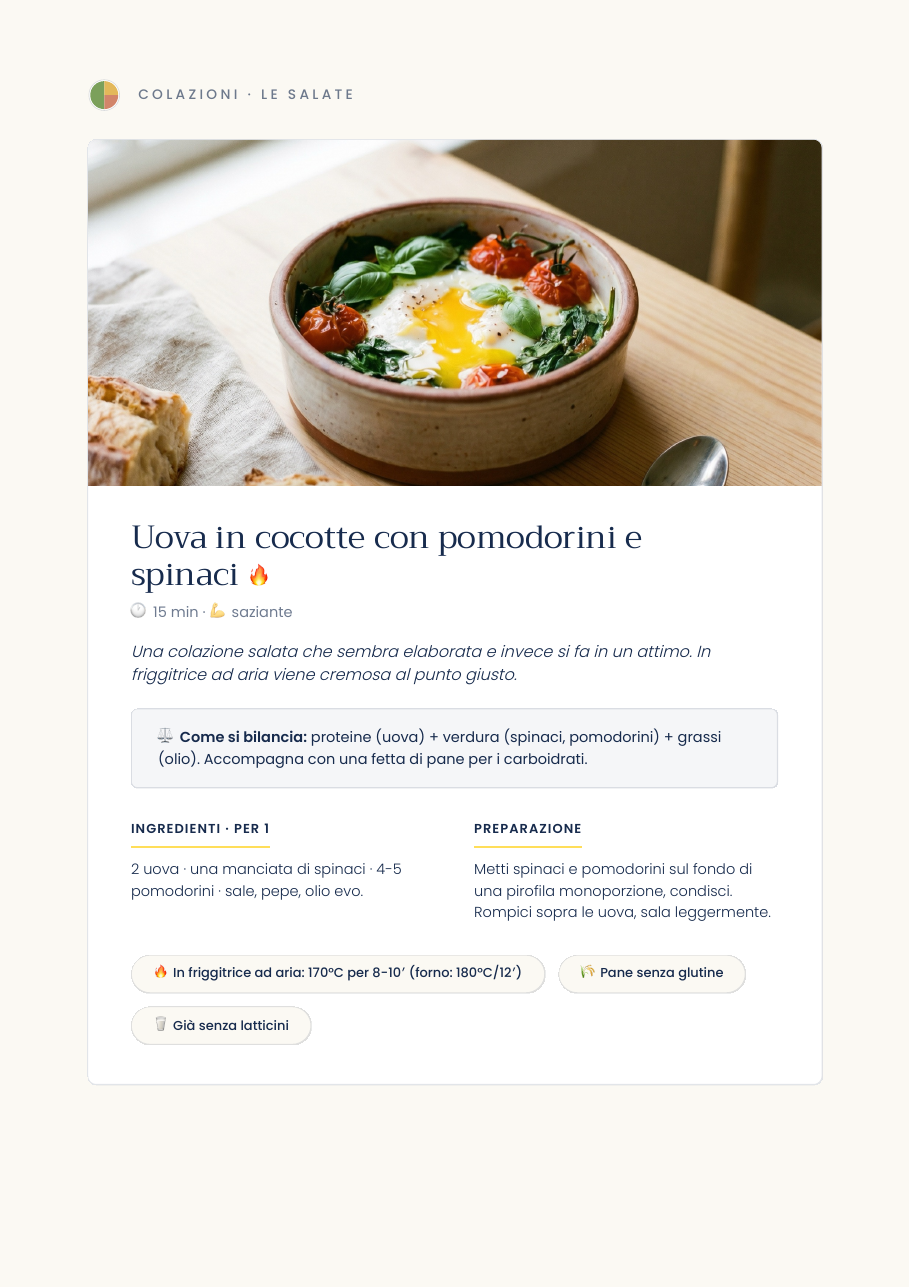 Pagina di esempio: colazione salata Uova in cocotte con pomodorini e spinaci