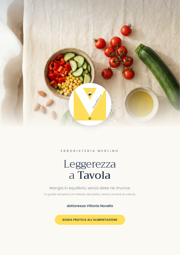Copertina della guida Leggerezza a Tavola di Vittoria Novello, Erboristeria Merlino