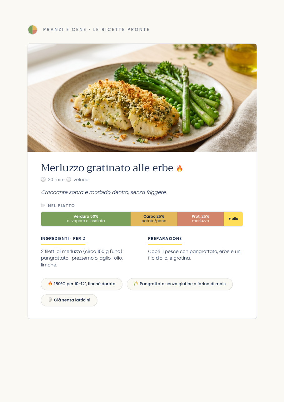 Pagina di esempio: ricetta Merluzzo gratinato con schema del piatto 50 25 25