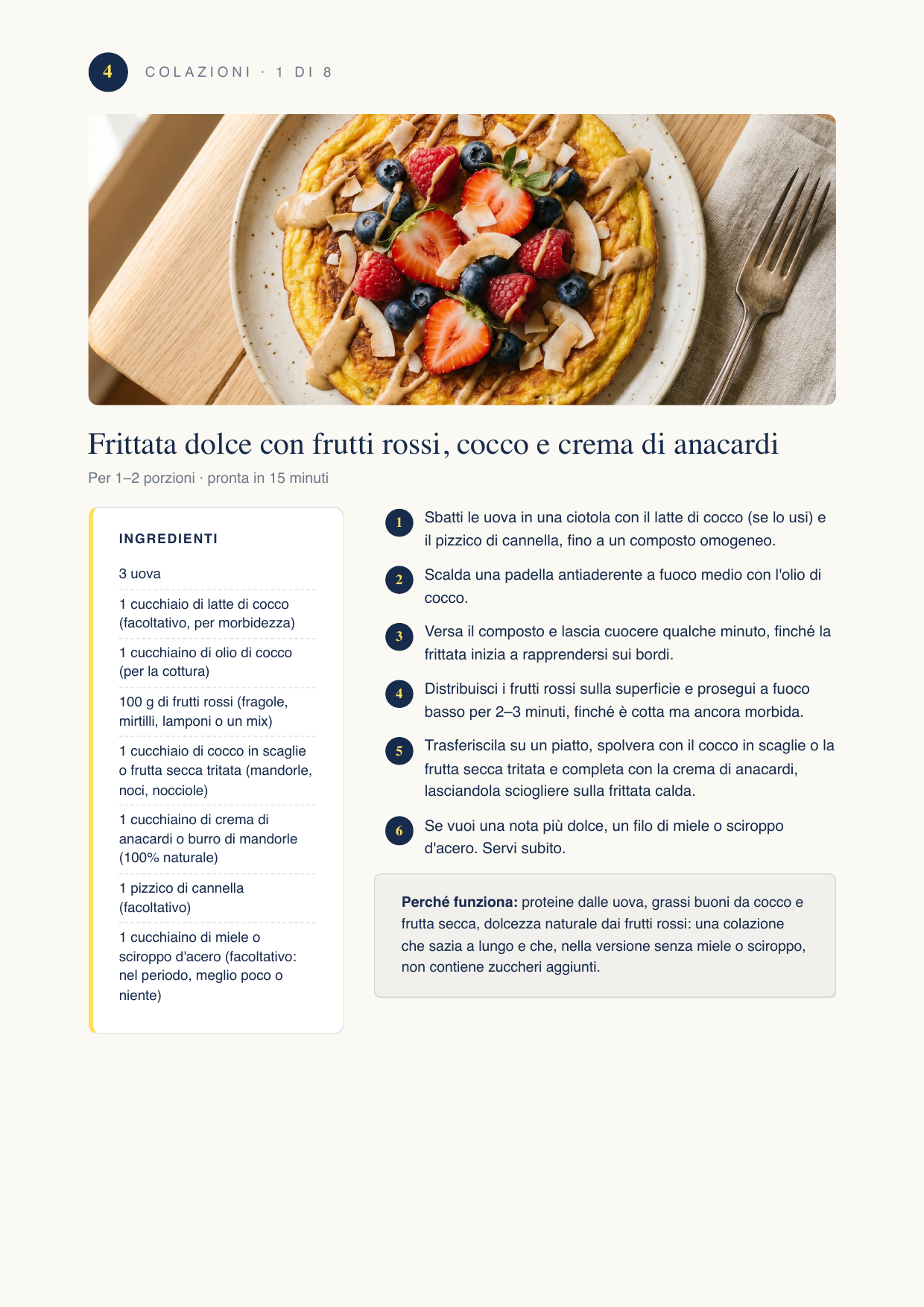 Pagina di esempio: frittata dolce con frutti rossi, cocco e crema di anacardi